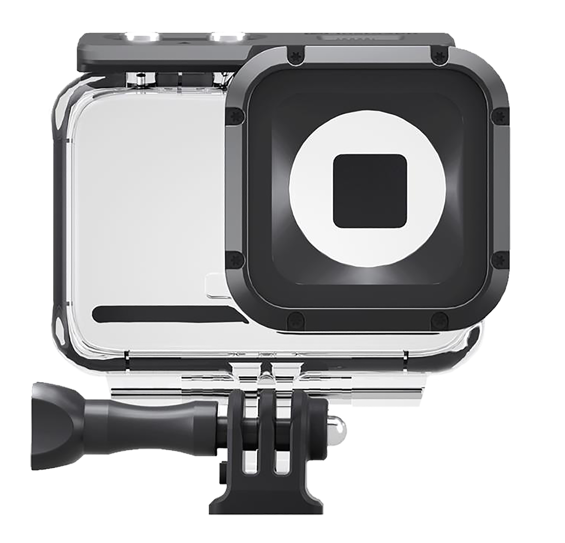 Een zwarte camera in een doorzichtige behuizing, gemonteerd op een zwart statief. De camera heeft een groot zwart vierkant met een wit vierkant erin.