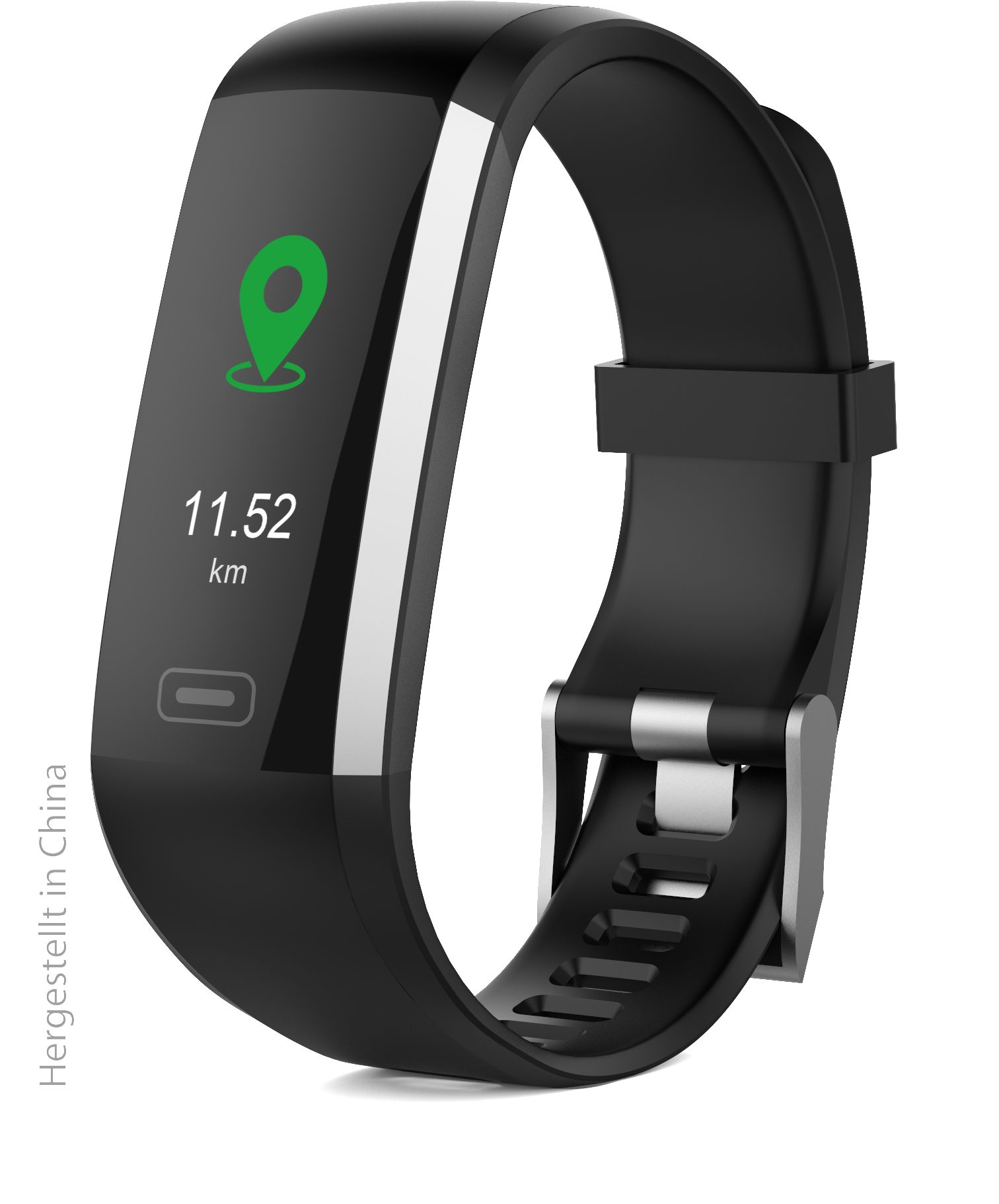 Ein schwarzer Fitnesstracker mit grünem Standortmarker.