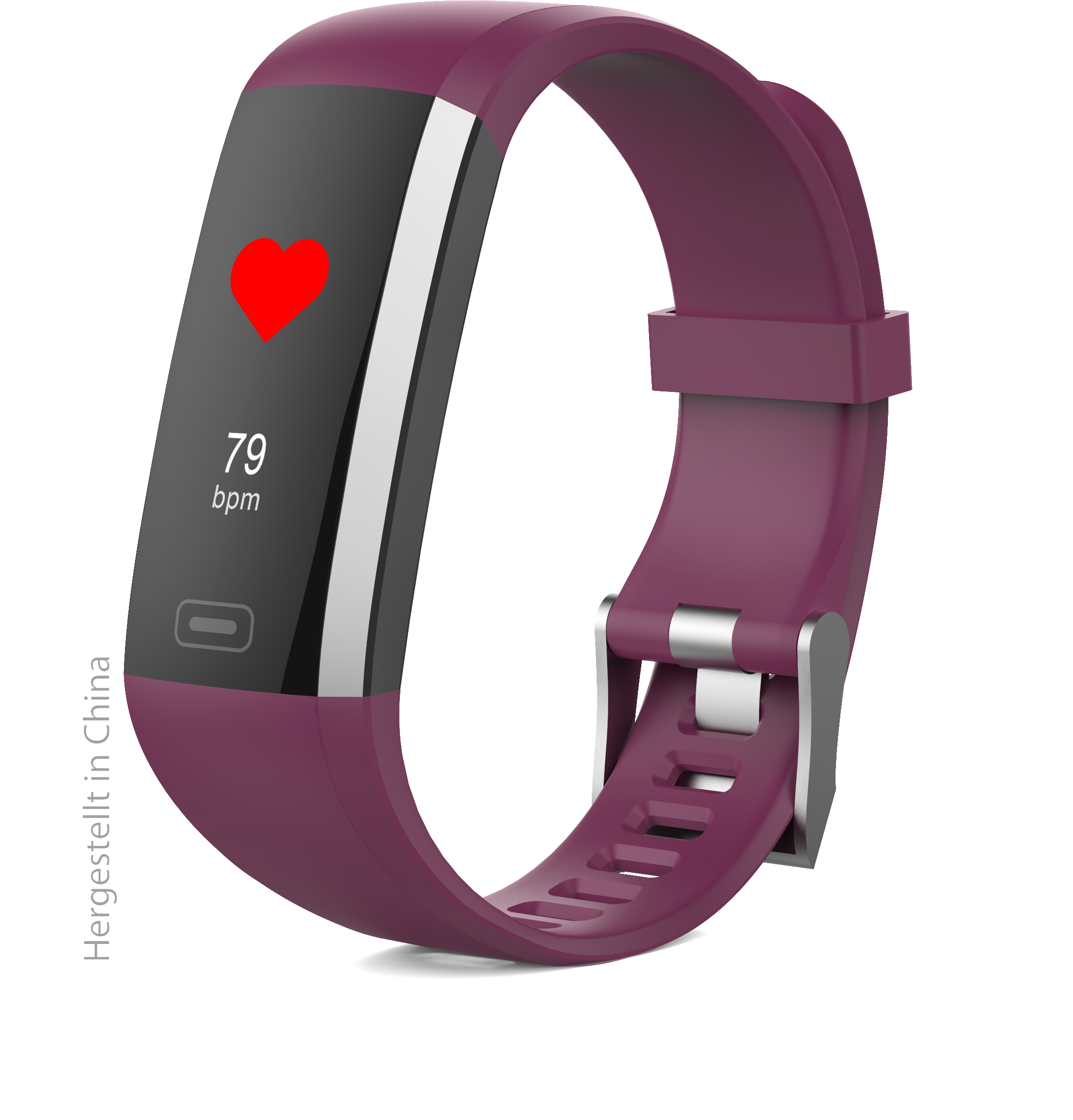 Lila Fitness-Tracker, zeigt eine Herzfrequenz von 79 bpm auf dem Bildschirm.