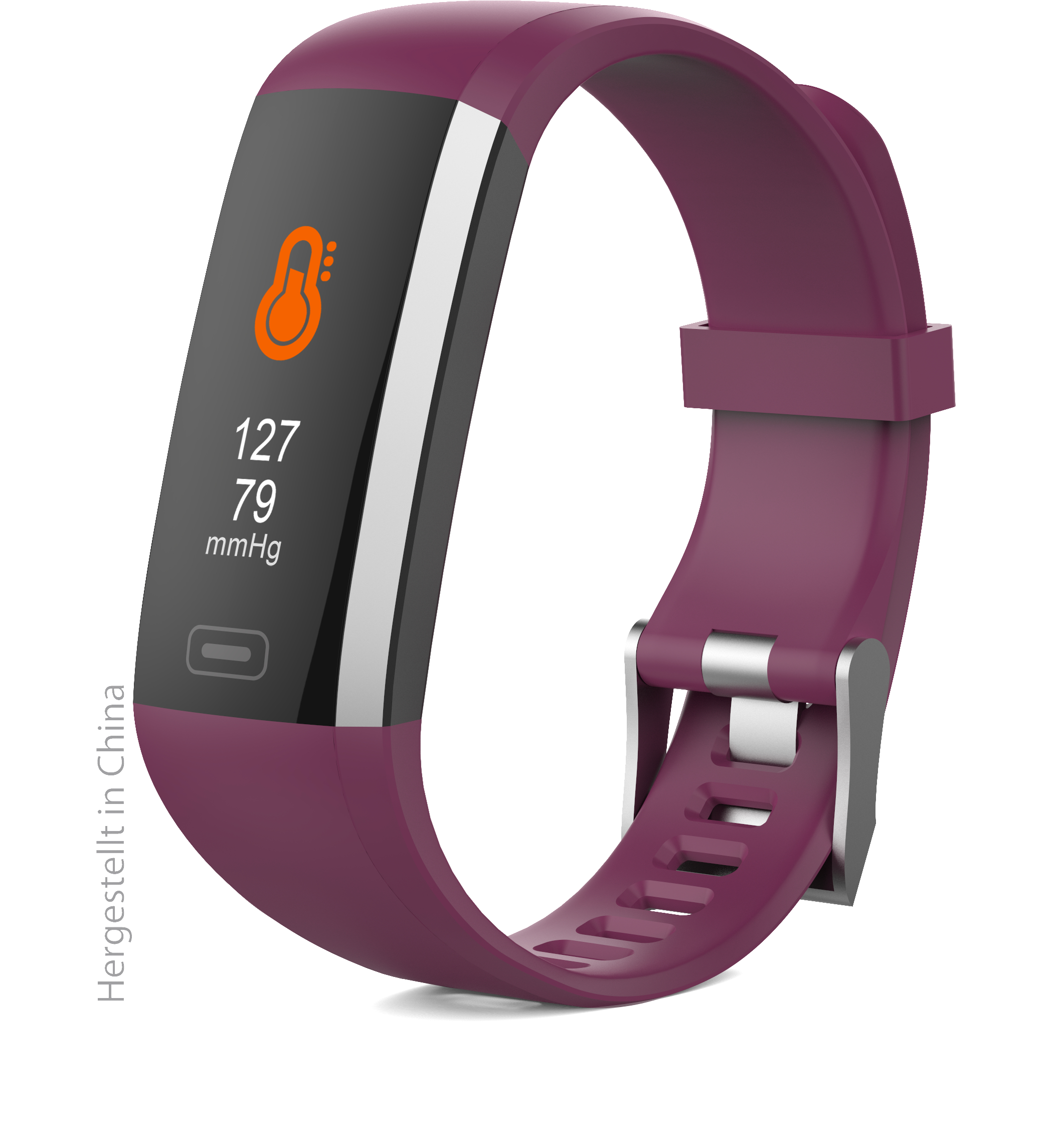 Lila Smartwatch mit Bildschirm, der Gesundheitsdaten anzeigt. Sie zeigt ein Thermometer-Symbol und Zahlen.