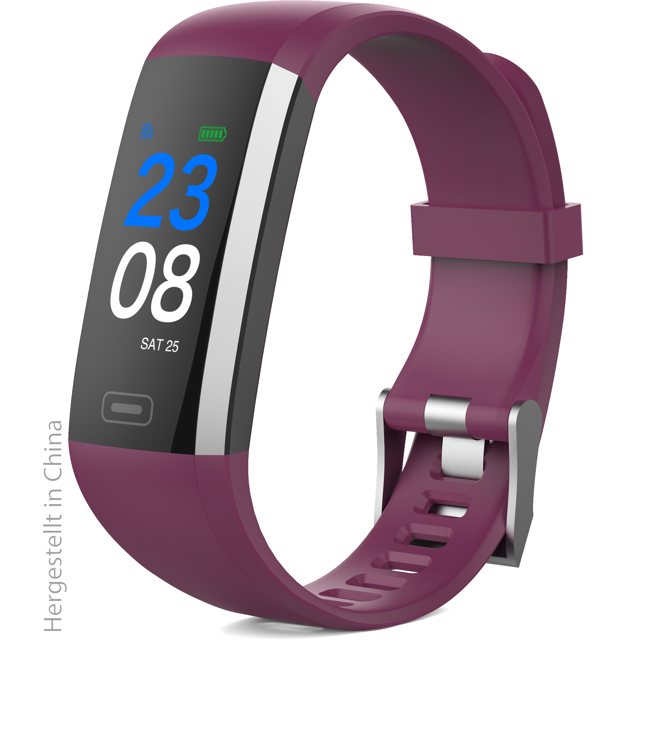 Eine lila Smartwatch auf weißem Hintergrund, die die Uhrzeit anzeigt.