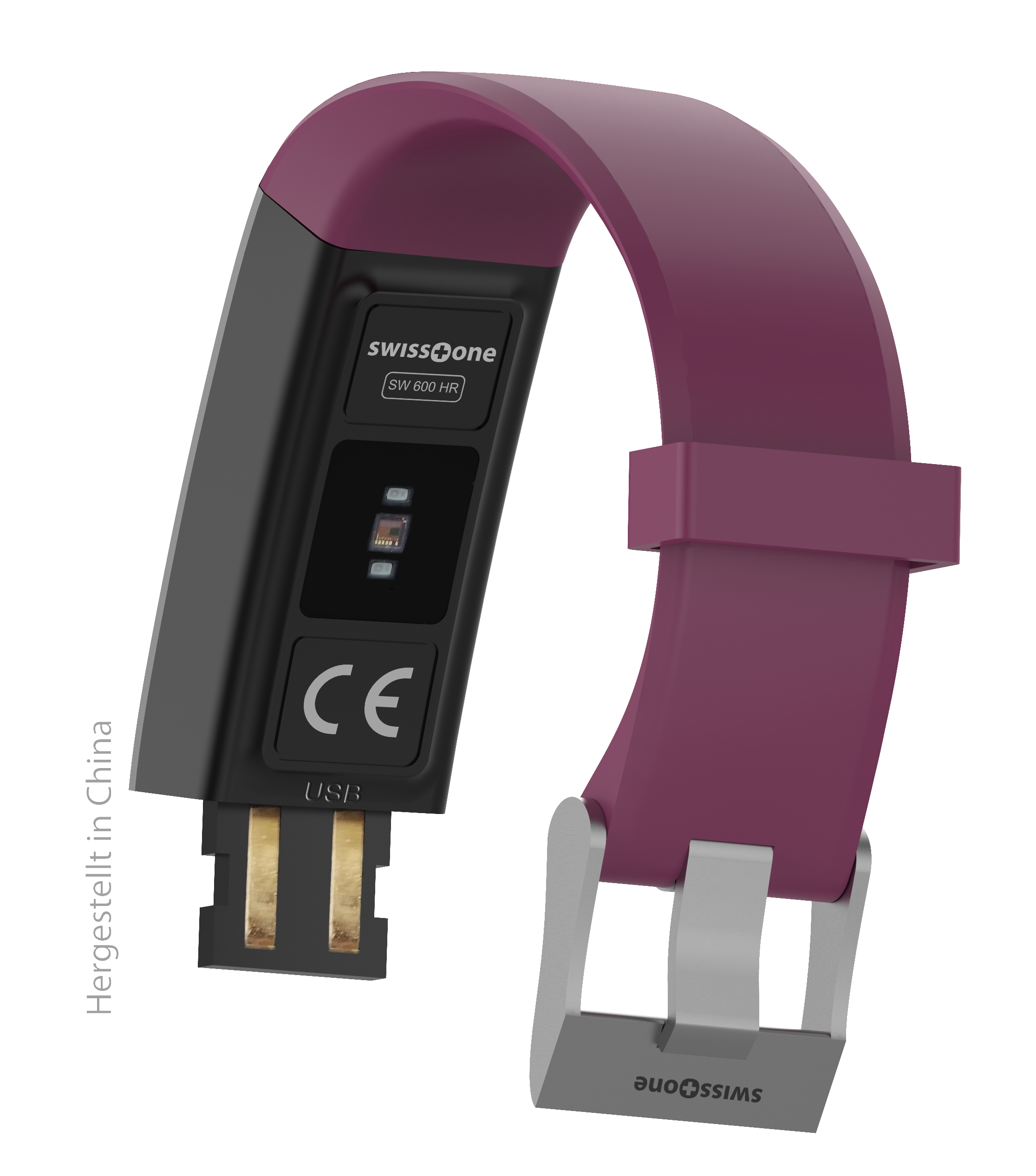 Lila-schwarzer SwissOne Fitnesstracker. Zeigt USB-Anschluss und SwissOne-Branding. Weißer Hintergrund.