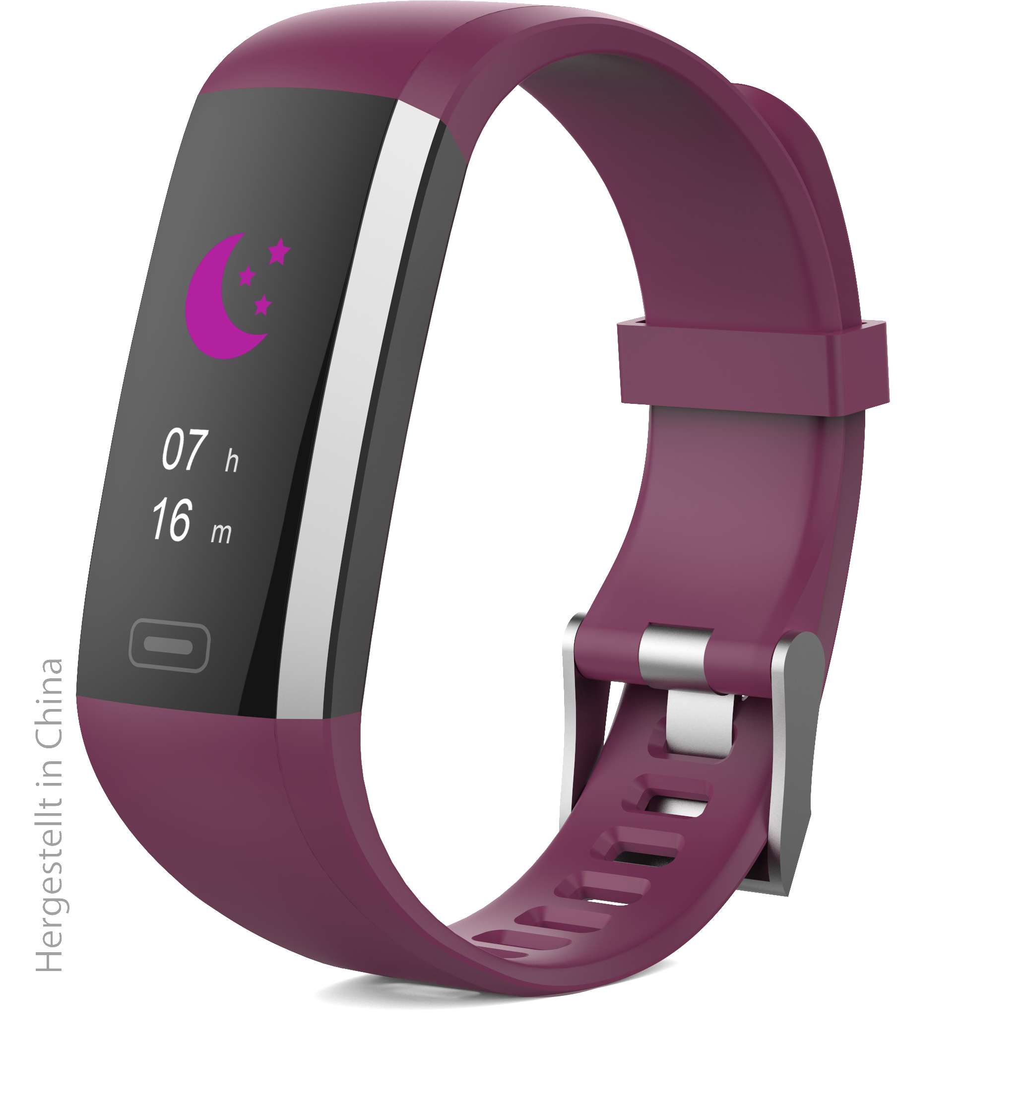 Lila Fitness-Tracker mit schwarzem Bildschirm. Zeigt Zeit- und Schlafanalyse. Weißer Hintergrund.