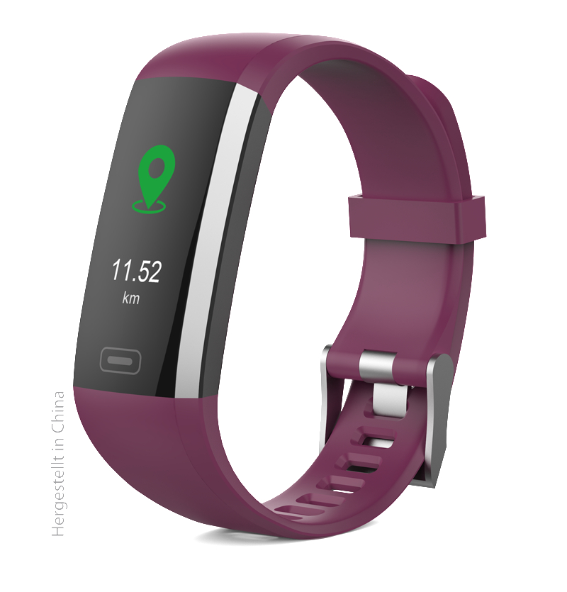 Lila Fitness-Tracker mit Bildschirm, der die Entfernung und ein Standortsymbol anzeigt.