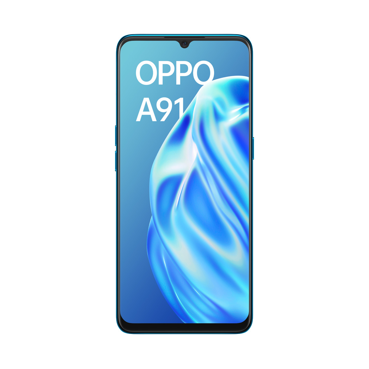 Smartphone OPPO A91 con degradado azul en la parte trasera y frontal.
