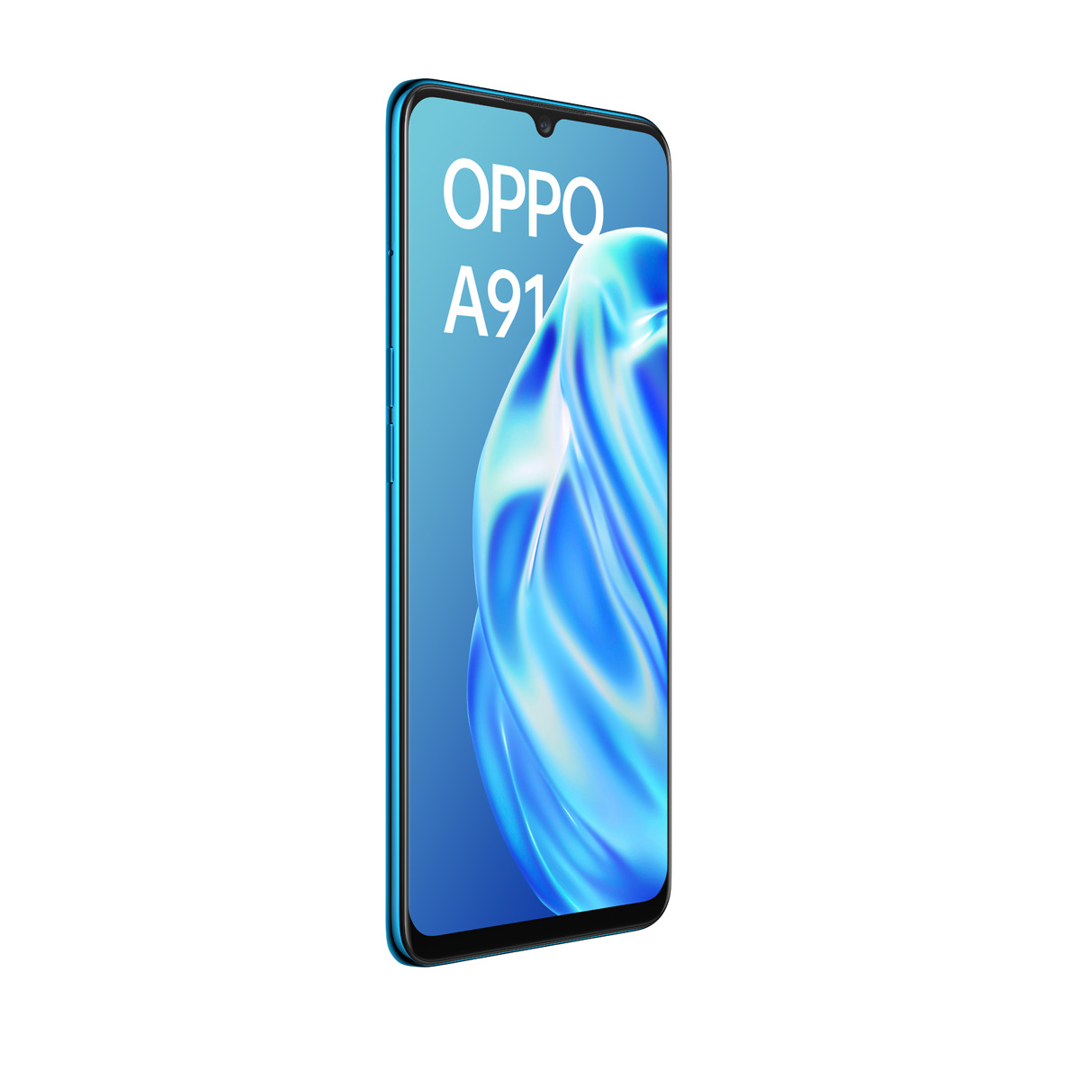 Un smartphone Oppo A91 azul sobre un fondo blanco.