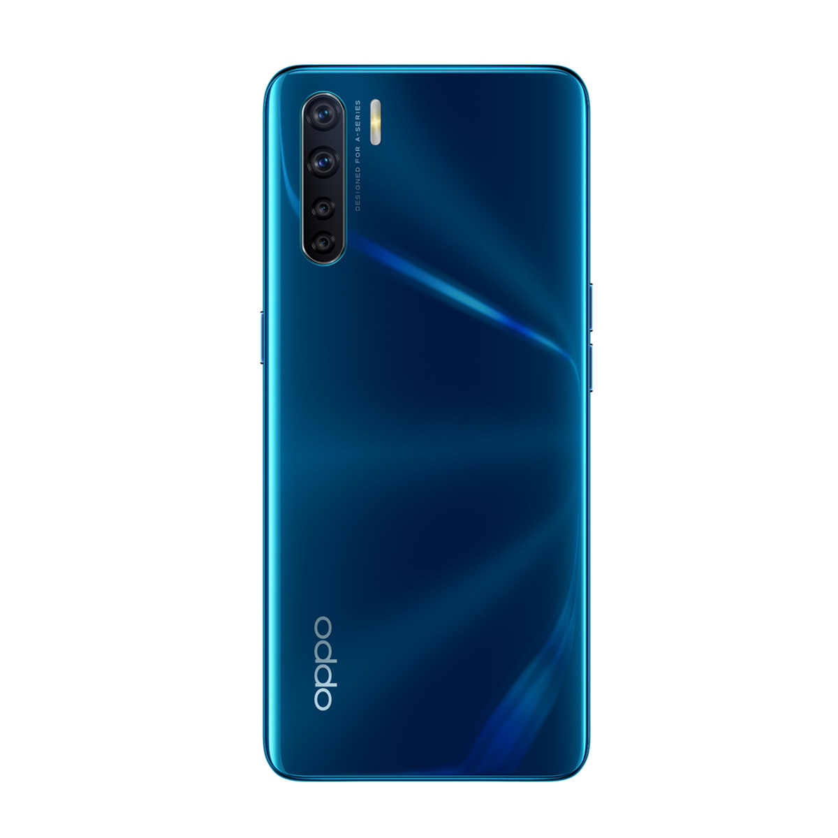 Parte trasera de teléfono Oppo azul con cámaras y nombre de la marca.
