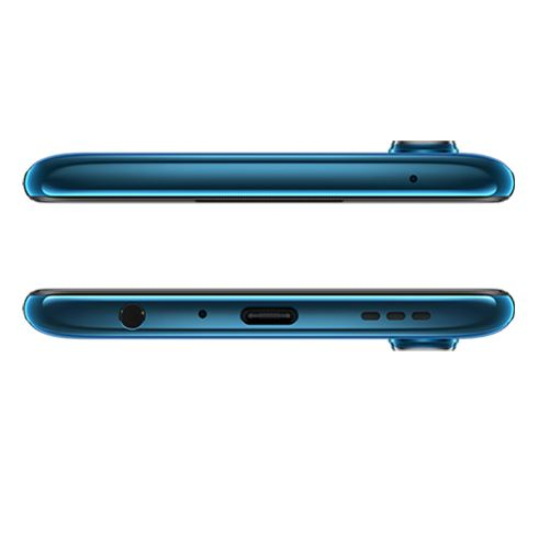 Dos teléfonos azules sobre fondo blanco. El superior muestra la vista superior; el inferior la inferior.