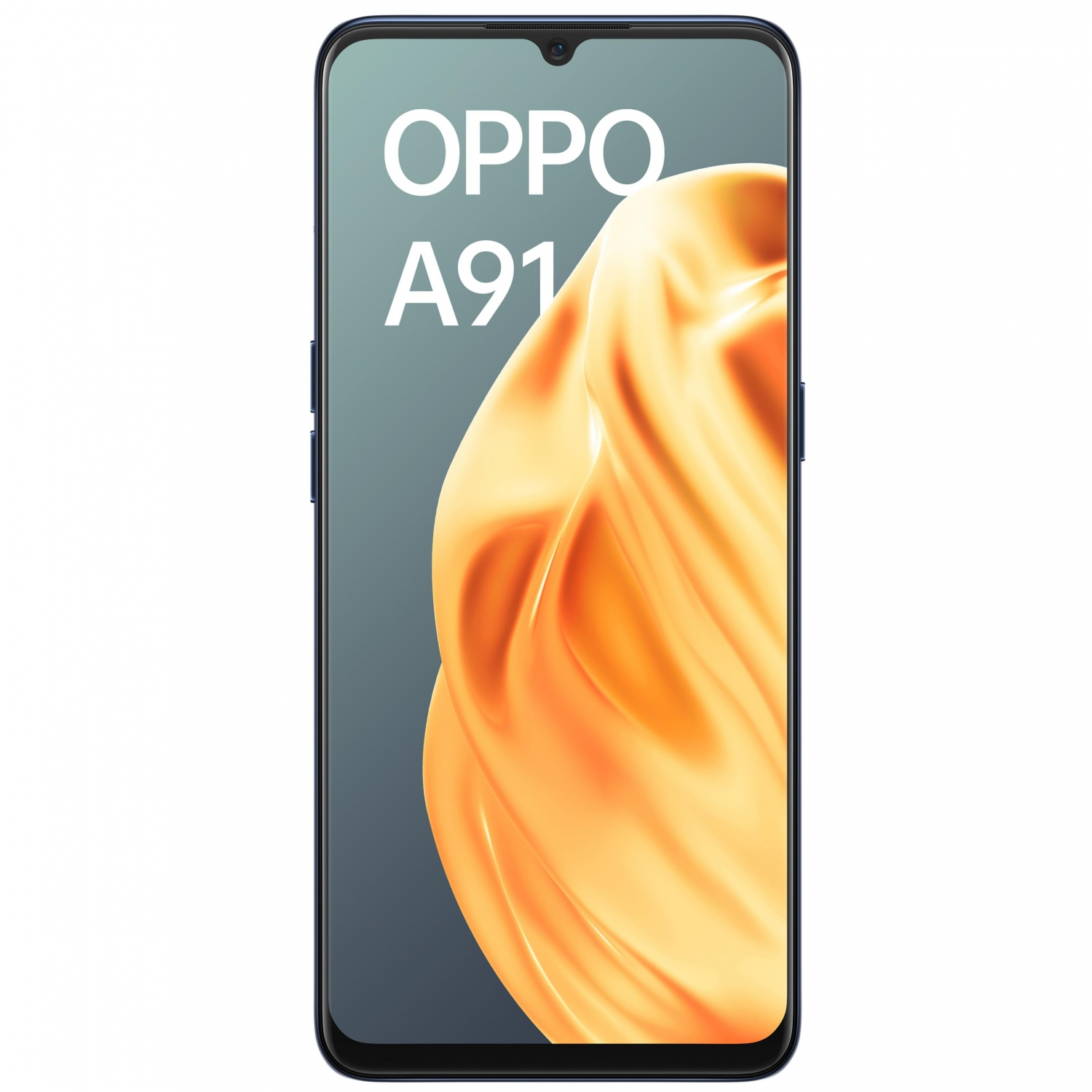 Smartphone OPPO A91 azul con pantalla de color naranja.