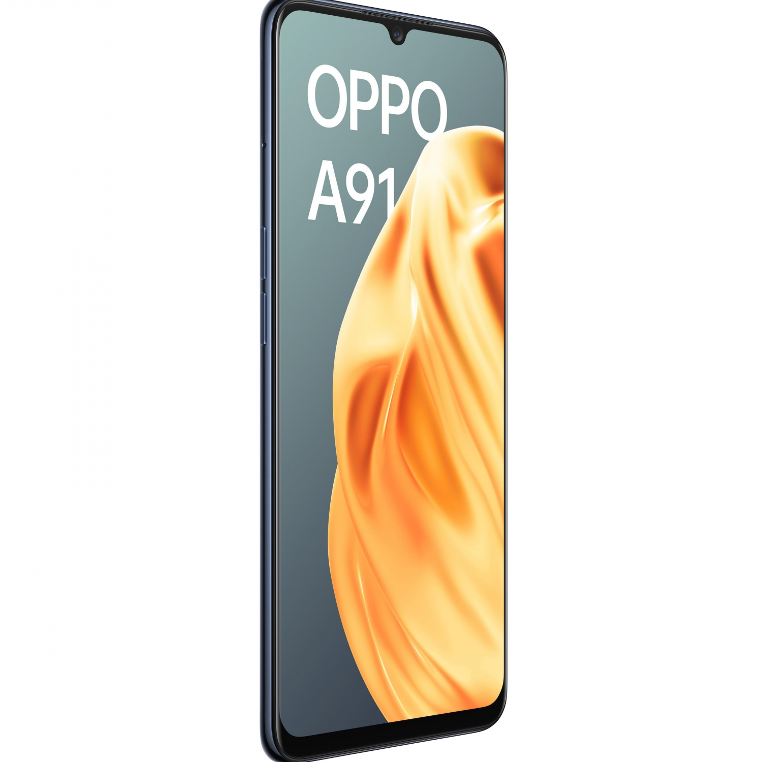 Smartphone OPPO A91, vista en ángulo, naranja y azul.
