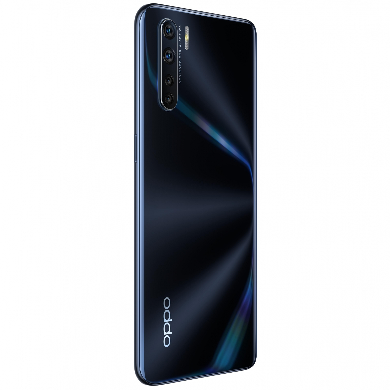 Teléfono OPPO negro. Vista trasera con triple cámara, logotipo OPPO en la parte inferior.