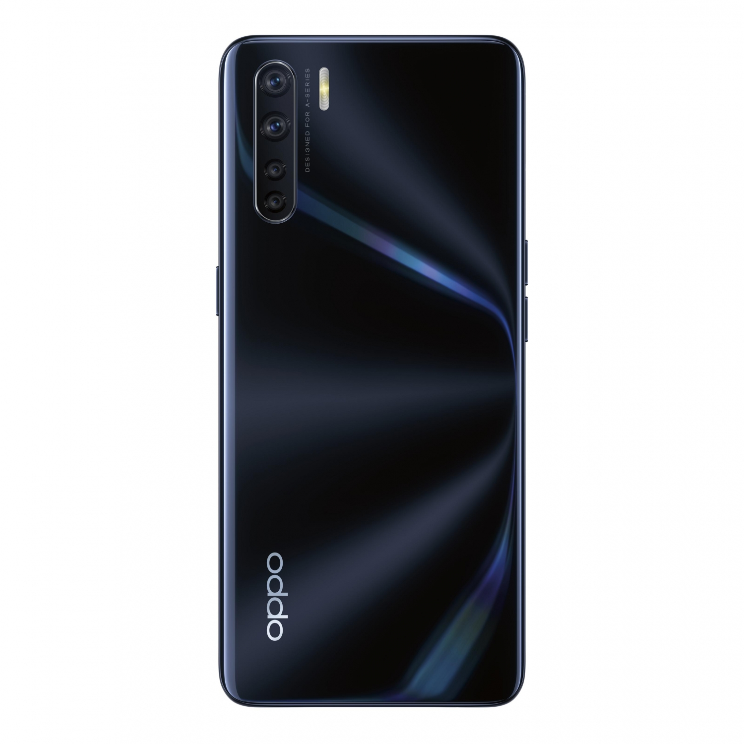 Teléfono Oppo negro con tres cámaras y un logo.