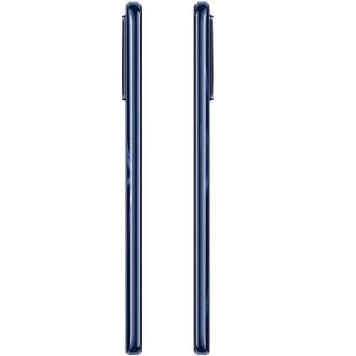 Dos smartphones azules en vertical, vista lateral. Cada uno tiene un módulo de cámara en la parte superior.