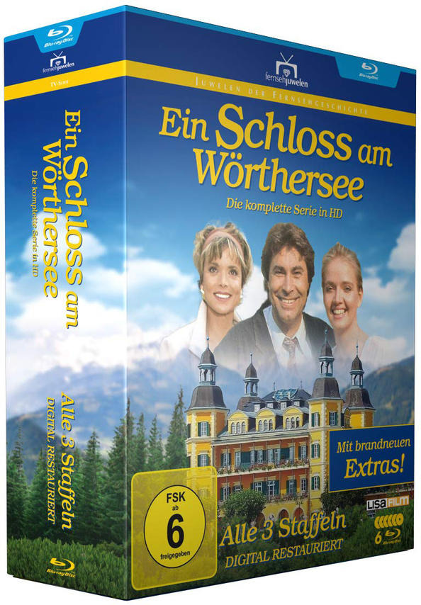 Eine DVD-Box mit drei Personen auf dem Cover und einem Gebäude. Die Box ist blau und gelb.