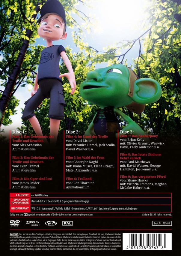DVD-Cover mit Zeichentrickfiguren und Text in mehreren Sprachen. Grüner und gelber Hintergrund.