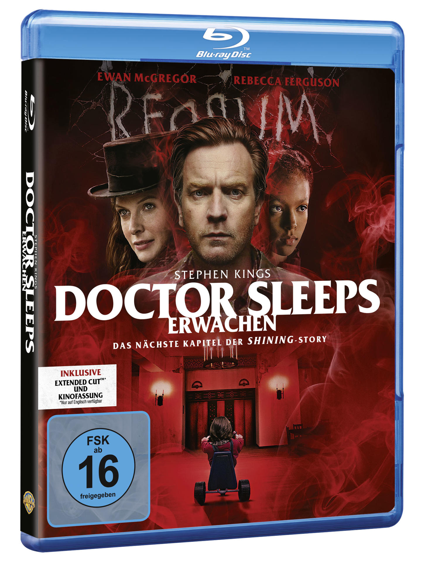 Blu-ray-Cover für 'Doctor Sleeps Erwachen' mit Ewan McGregor und Kind auf Dreirad.