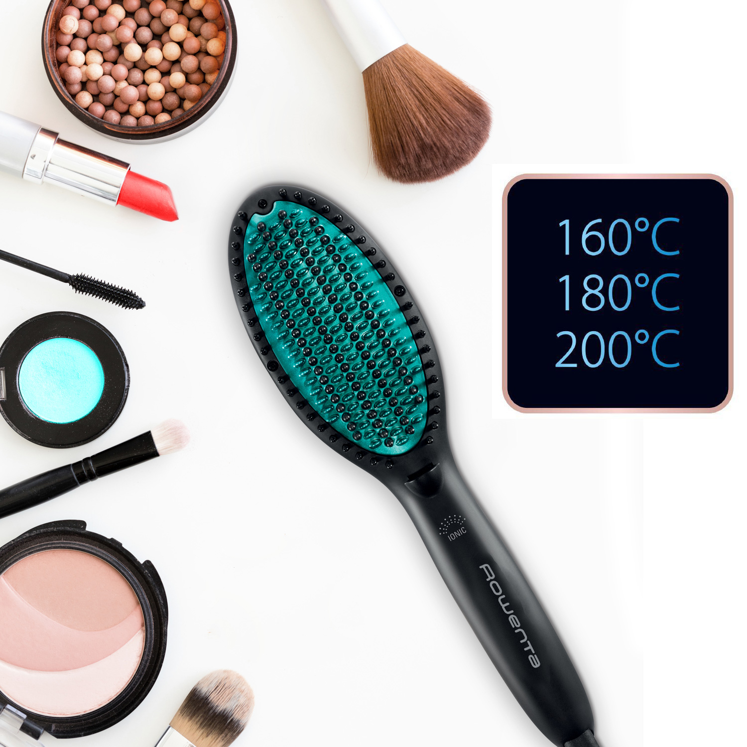 Plancha de pelo, maquillaje sobre superficie blanca. Un indicador de temperatura muestra 160, 180 y 200°C.