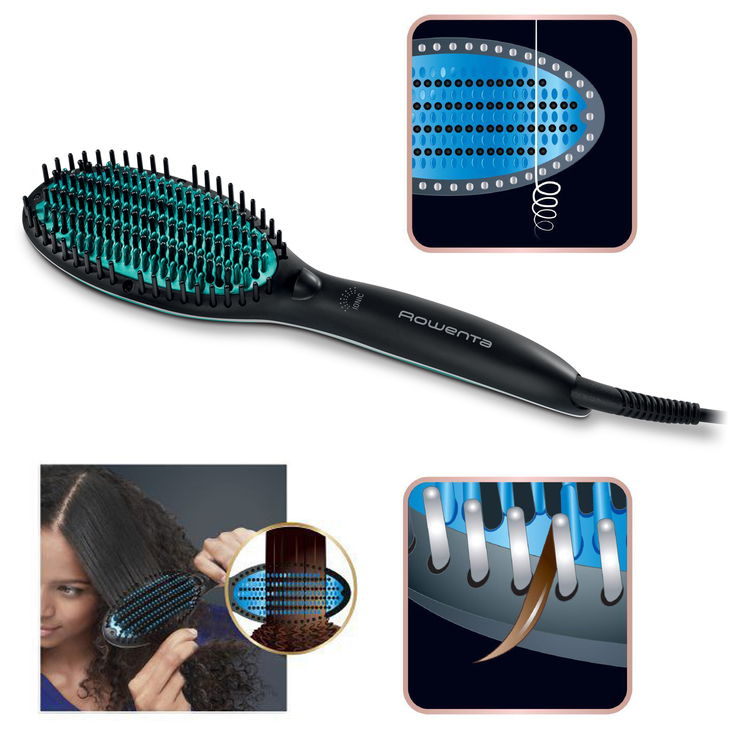 Cepillo para alisar el cabello con diagramas que muestran cómo funciona y una mujer usándolo.