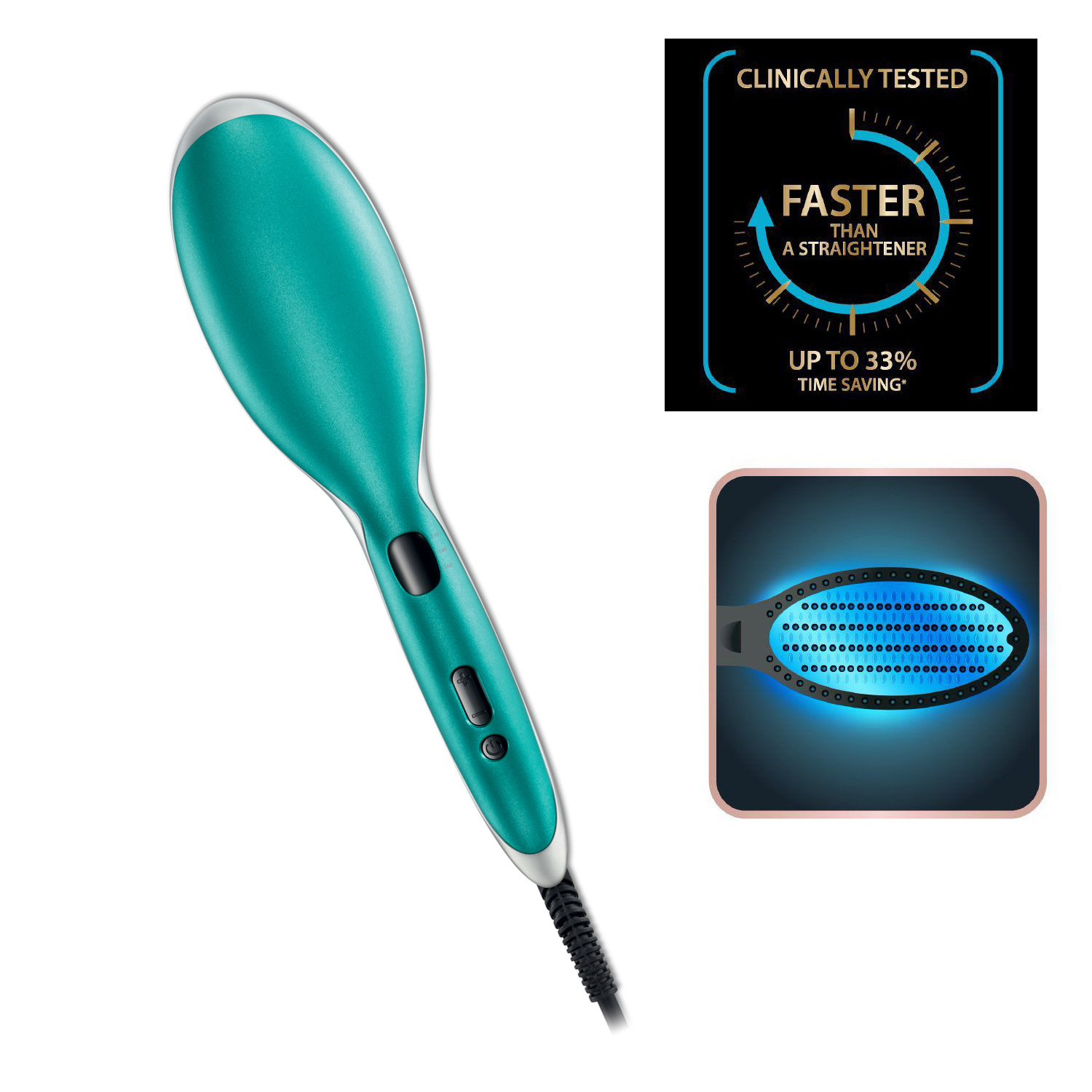 Cepillo alisador de pelo verde azulado con gráfico adicional.