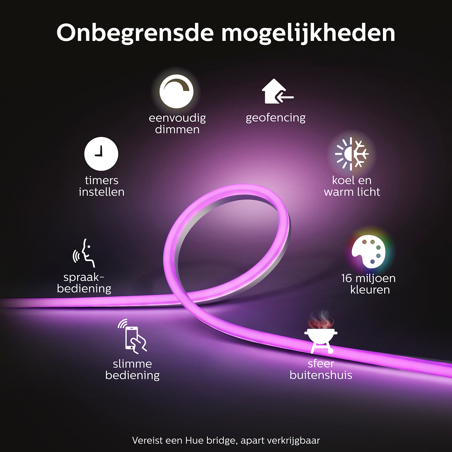 A flexible pink light strip with icons representing dimming, geofencing, and other features.