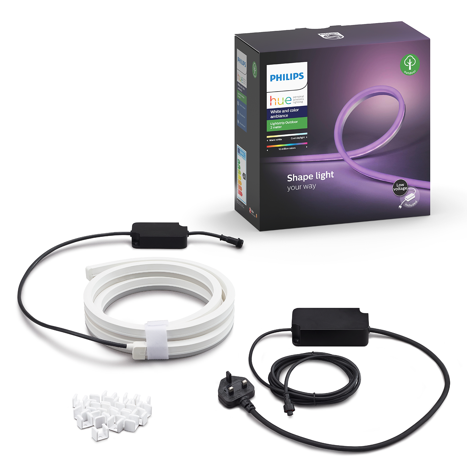 Philips Hue lights and accessories. Includes a box, a light strip, and connectors.