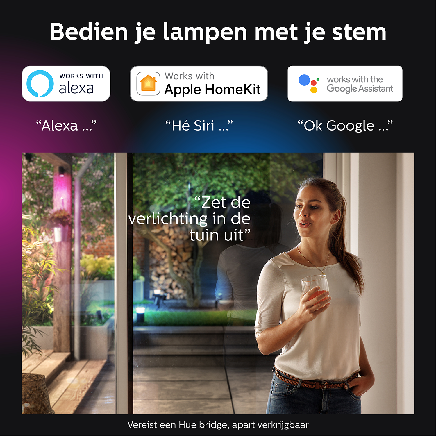 Woman with a drink near a window, advertising smart lights and voice control.
