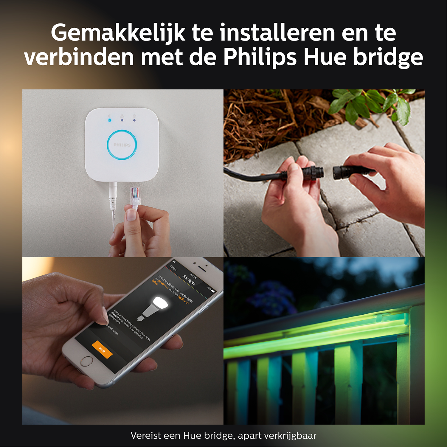 Multiple scenes with Philips Hue products: bridge, connecting lights, and controlling with a phone.