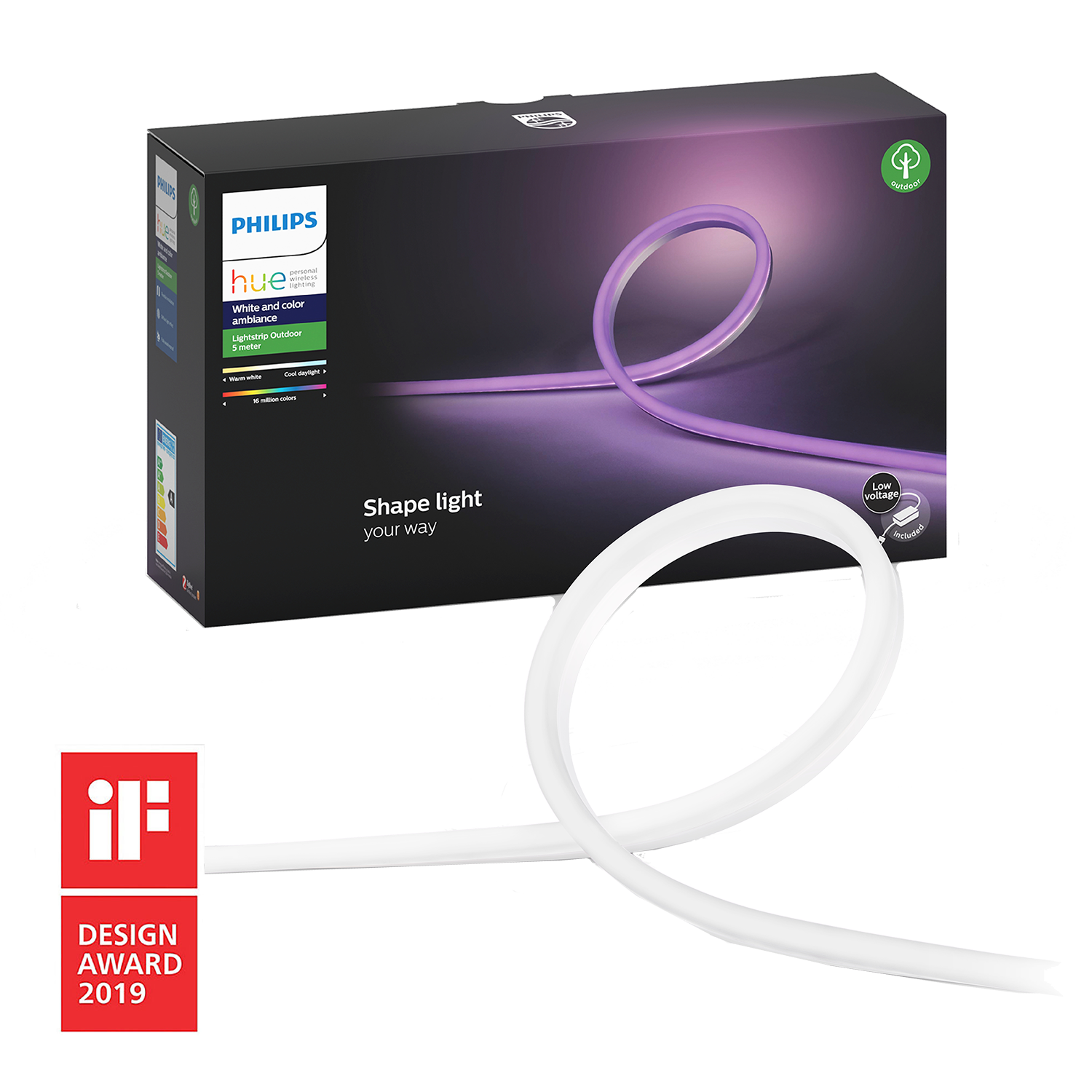 Een lichtstrip in een doos. De strip is paars en opgerold. De doos heeft tekst.