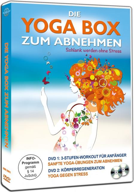 Yoga Box DVD-Cover, eine Frau mit orangefarbenem Haar und blauem Hintergrund.