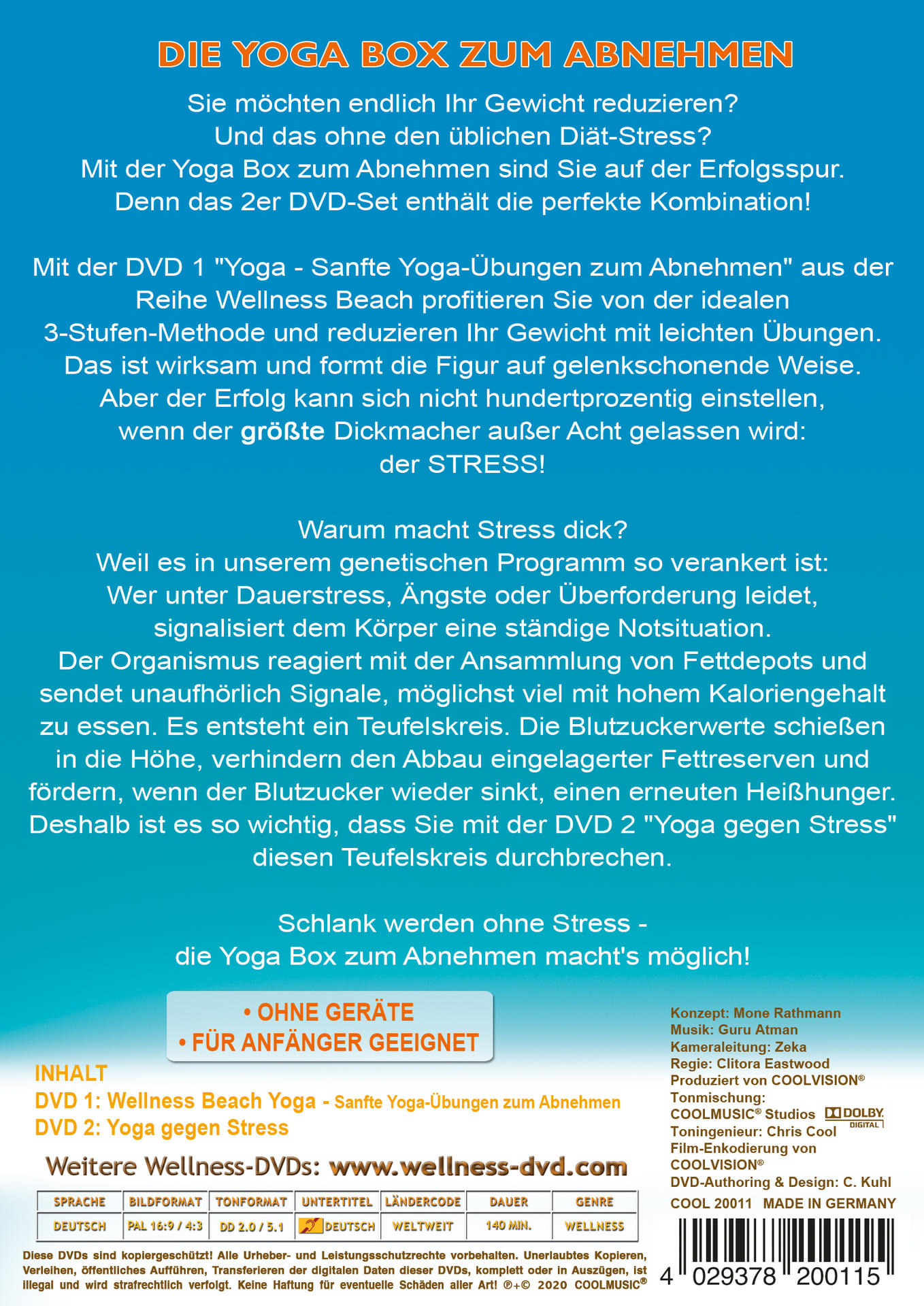 Rückseite einer DVD-Hülle, die ein Yoga-Programm zur Gewichtsabnahme bewirbt.