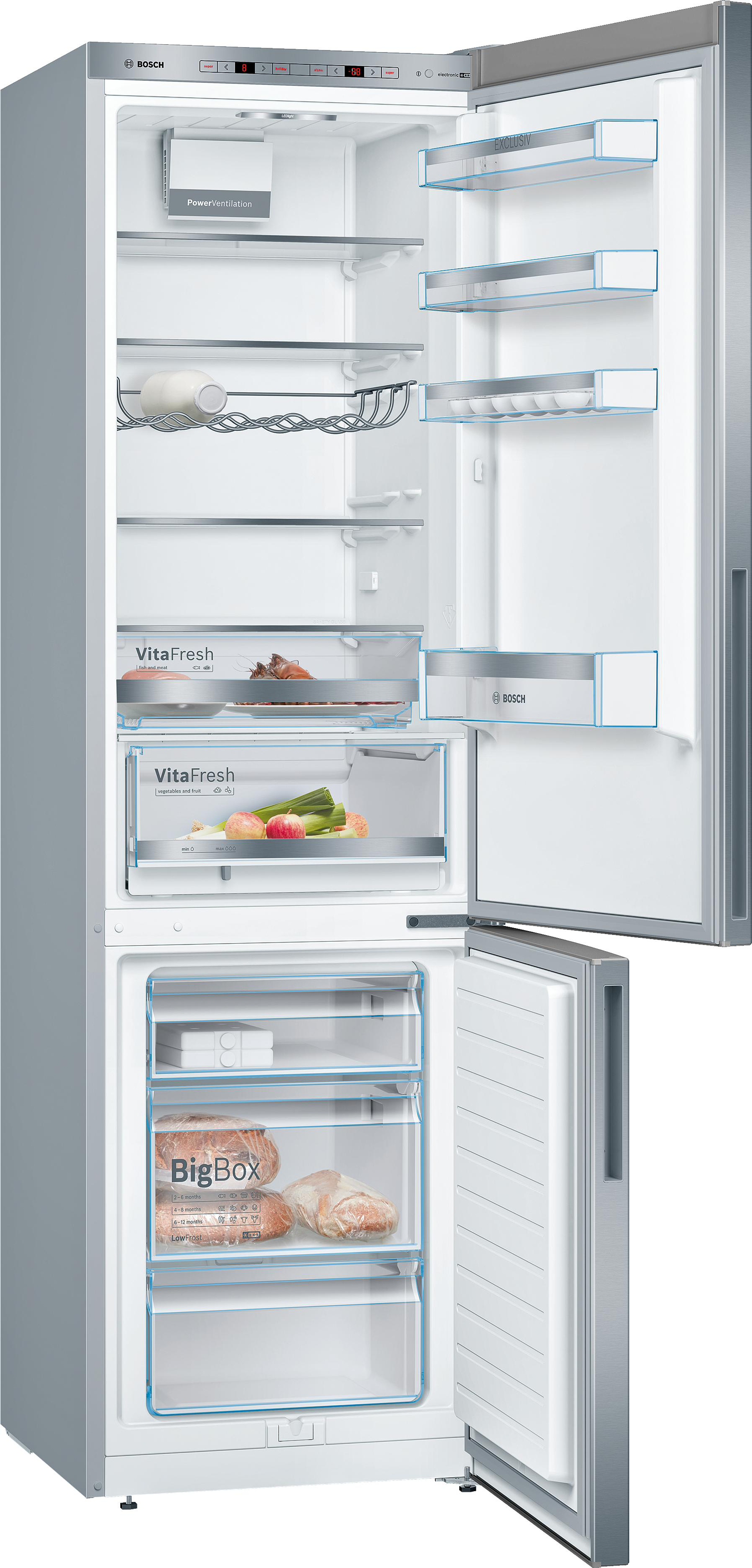 A stainless steel refrigerator with open doors, revealing shelves and drawers.