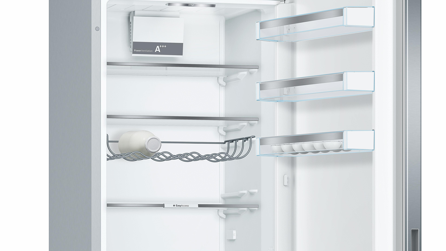 An open refrigerator interior with shelves, a wine rack, and an egg container.