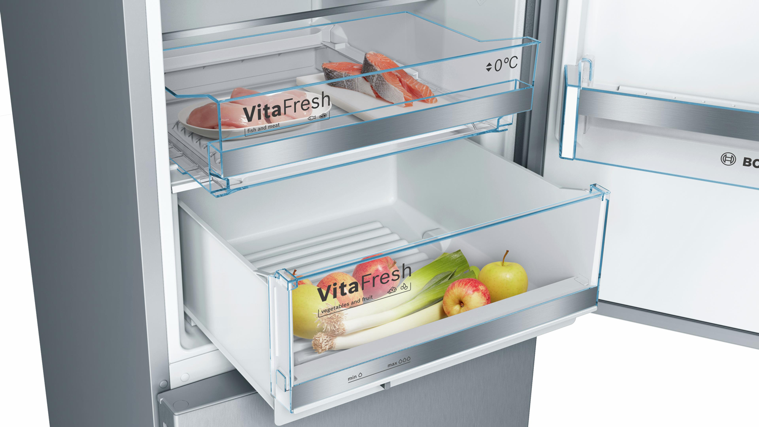 A fridge with two drawers containing food.