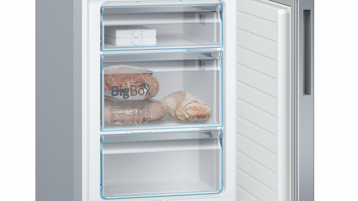 A freezer with three compartments, with some food.