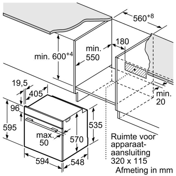 Diagram van een inbouwoven, met afmetingen en installatieruimte. Tekst in het Duits.