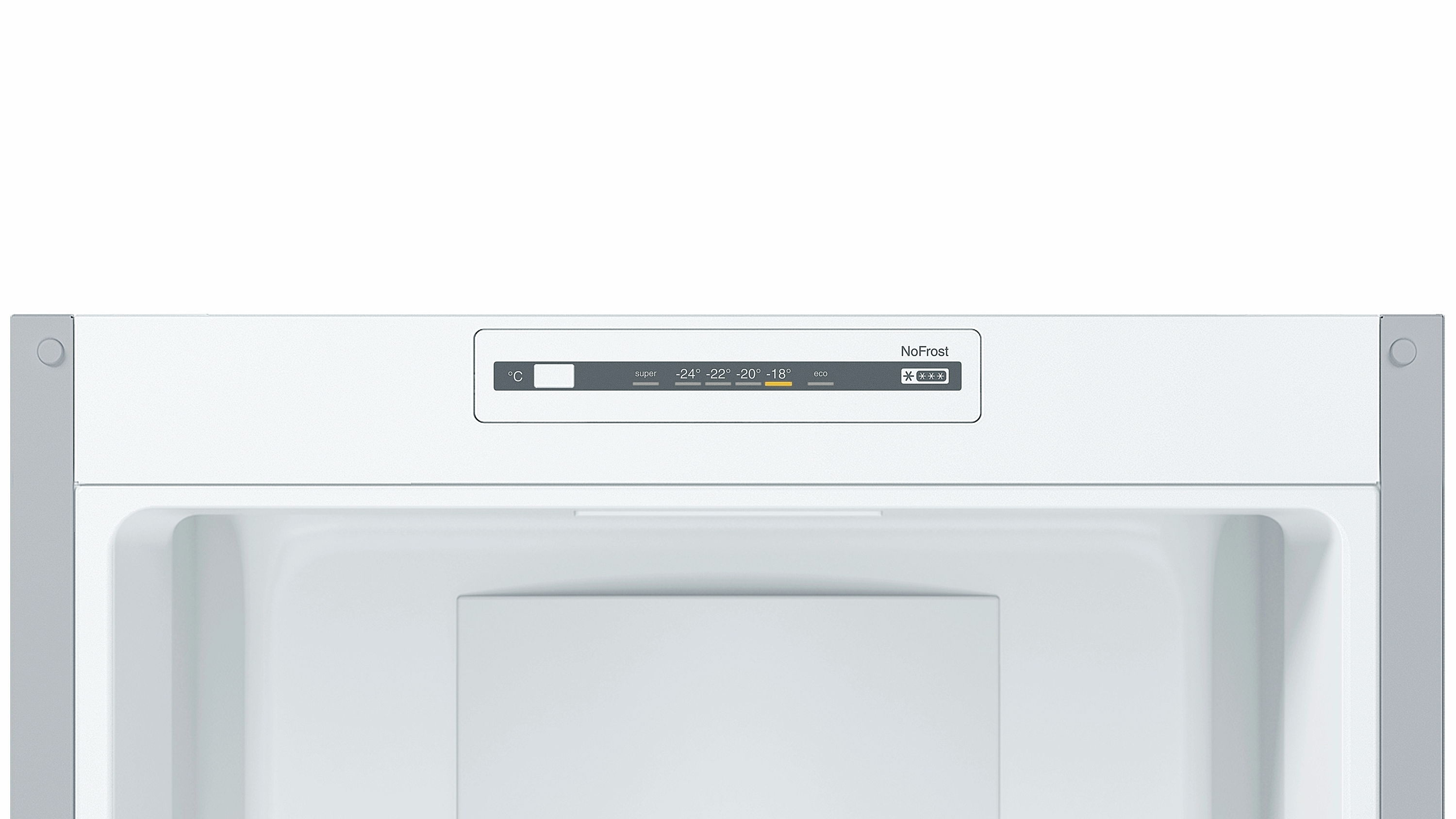 Kühlschrank-Bedienfeld mit Temperatureinstellungen und NoFrost-Anzeige auf weißem Hintergrund.