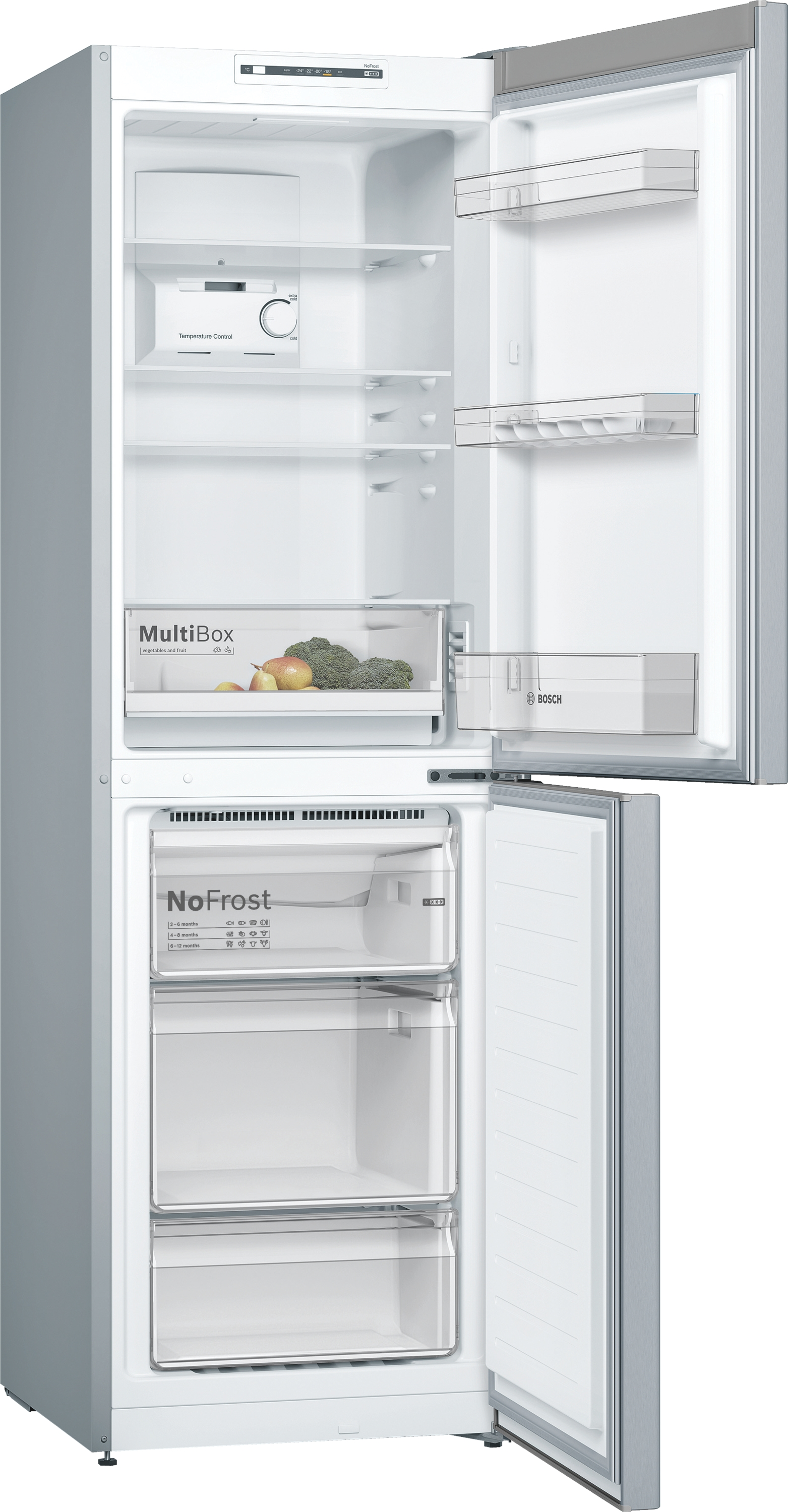 Offener Kühlschrank mit Regalen, Schubladen und Lebensmitteln.