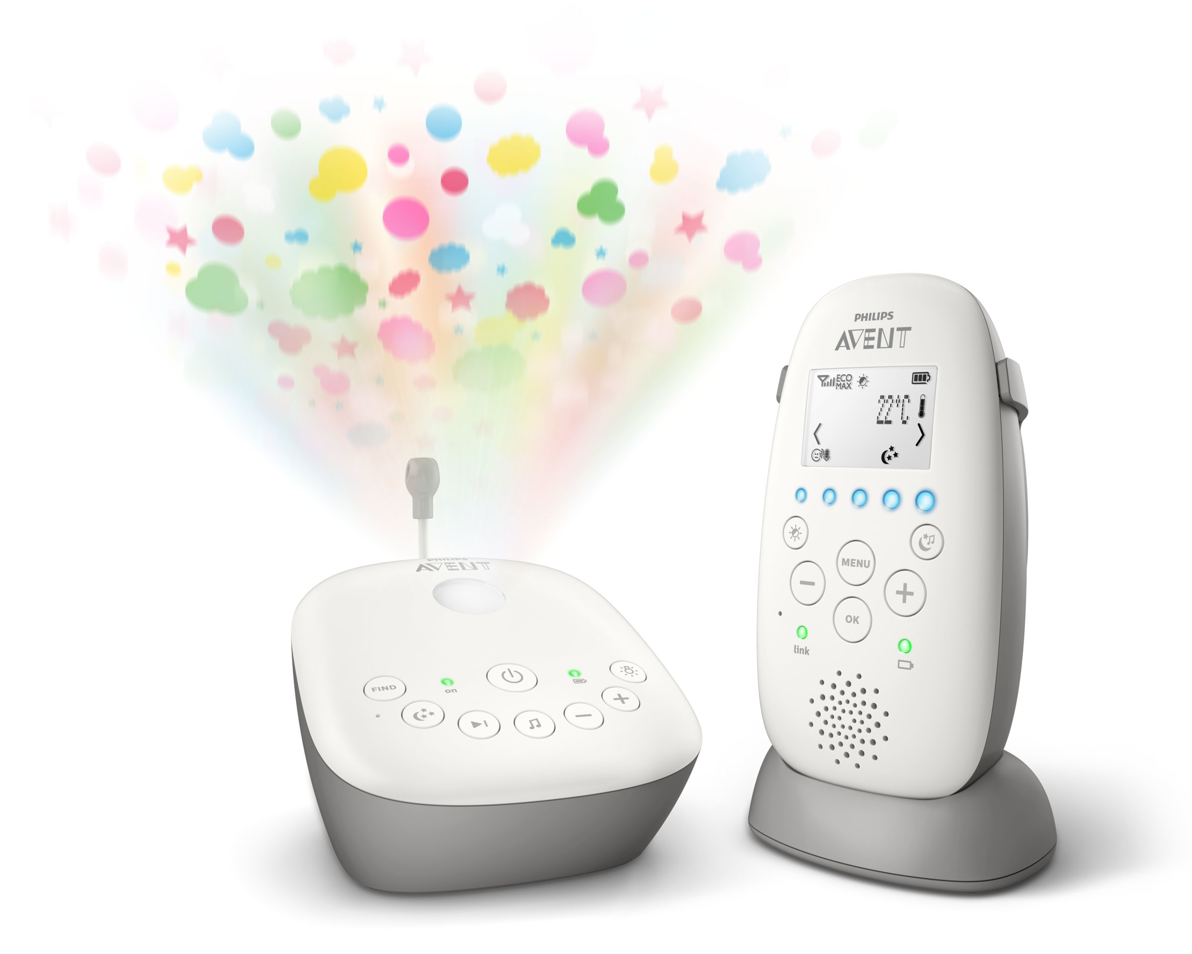 Babyphone avec deux unités, une avec projection lumineuse de formes et de couleurs.