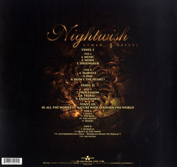 A Nightwish album hátlapja számlistával, arany betűkkel fekete háttéren.