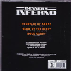 Albumcover, schwarzer Hintergrund, weißer Text. Listet Songtitel und Credits für 'Denner's Inferno'.