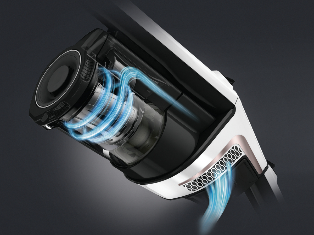Nahaufnahme der Innenkomponenten eines Staubsaugers, die Luftstrom und Design zeigen.