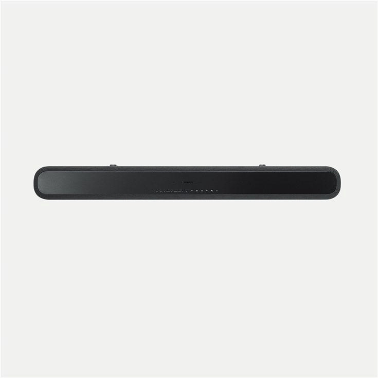 Eine schwarze Soundbar auf weißem Hintergrund. Es hat mehrere Tasten und eine Betriebsanzeige.