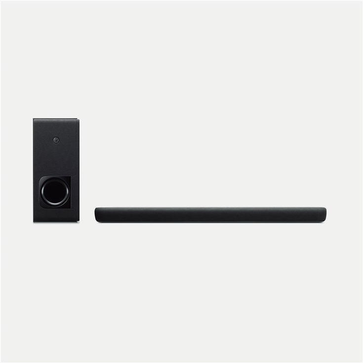 Schwarze Soundbar und Subwoofer auf weißem Hintergrund.