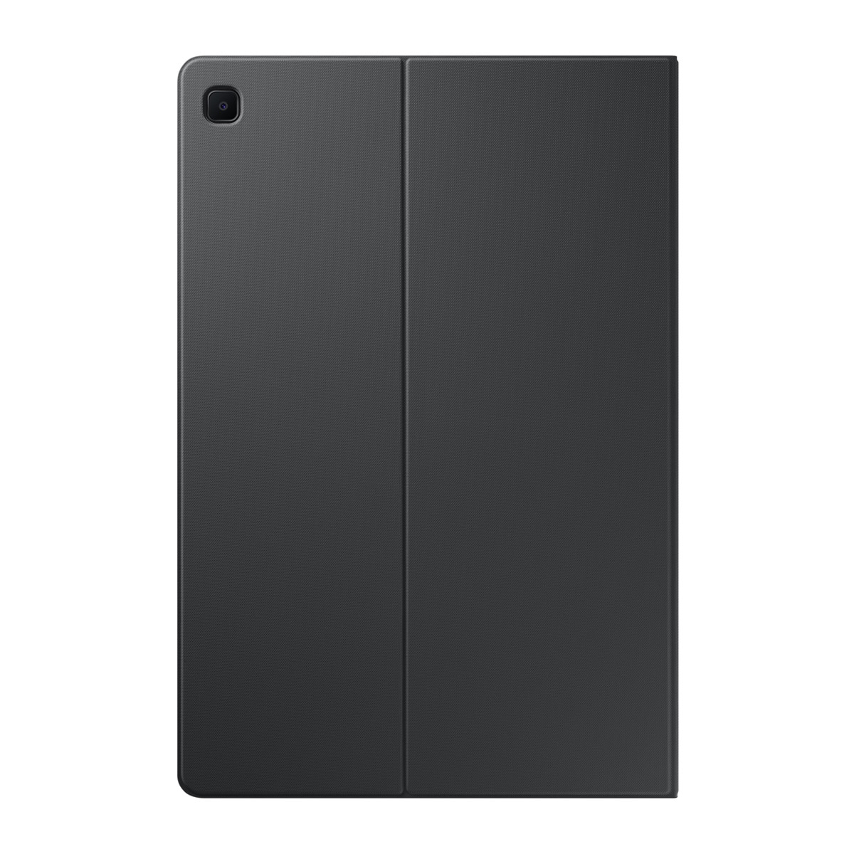 Una funda de tableta negra, cerrada. La funda es lisa y tiene un recorte para la cámara.