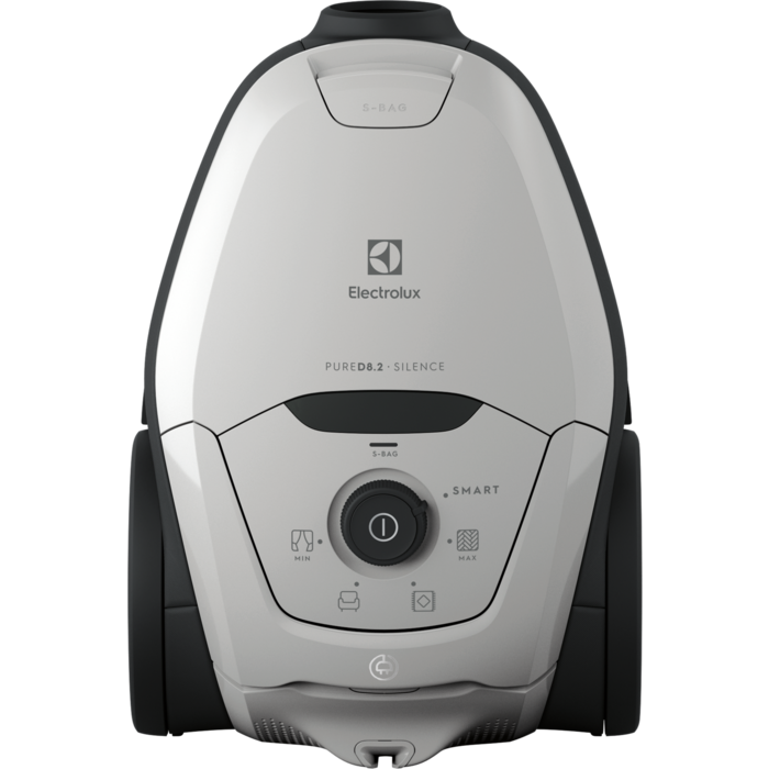 Electrolux porszívó, fehér és fekete, gombokkal és tárcsával. Elölnézet.