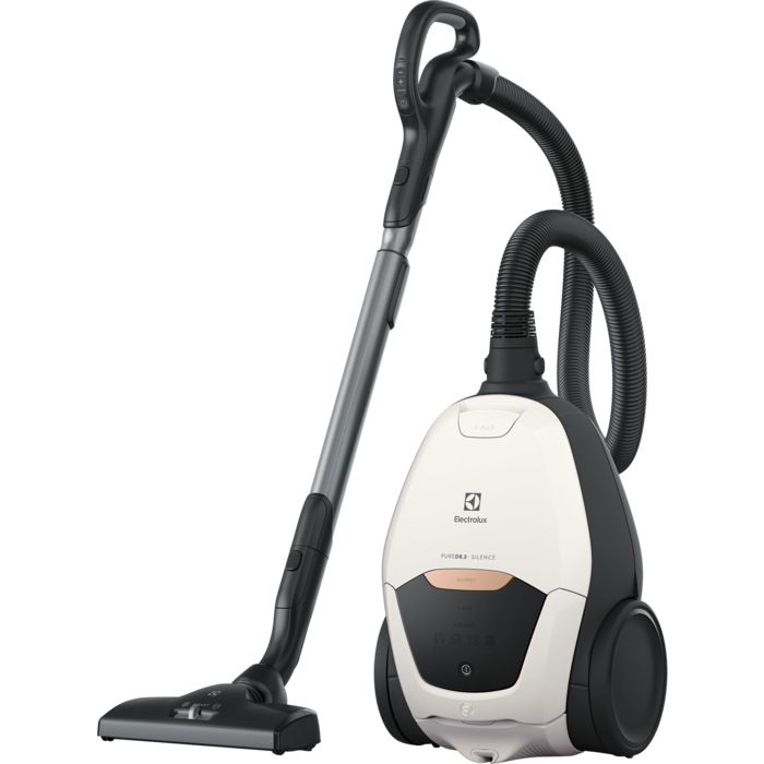 Fehér és fekete Electrolux porszívó hosszú fogantyúval, fekete tömlővel.