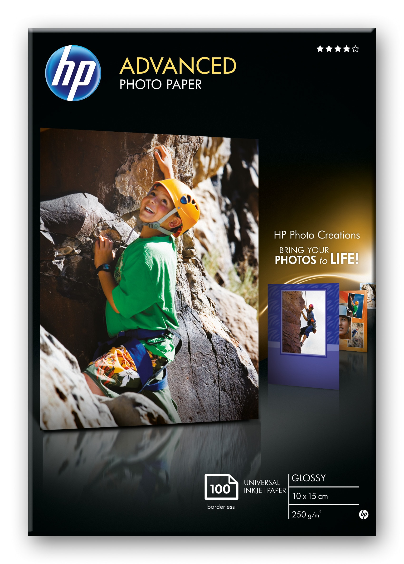 HP Advanced Fotopapier Verpackung, die eine kletternde Person zeigt.