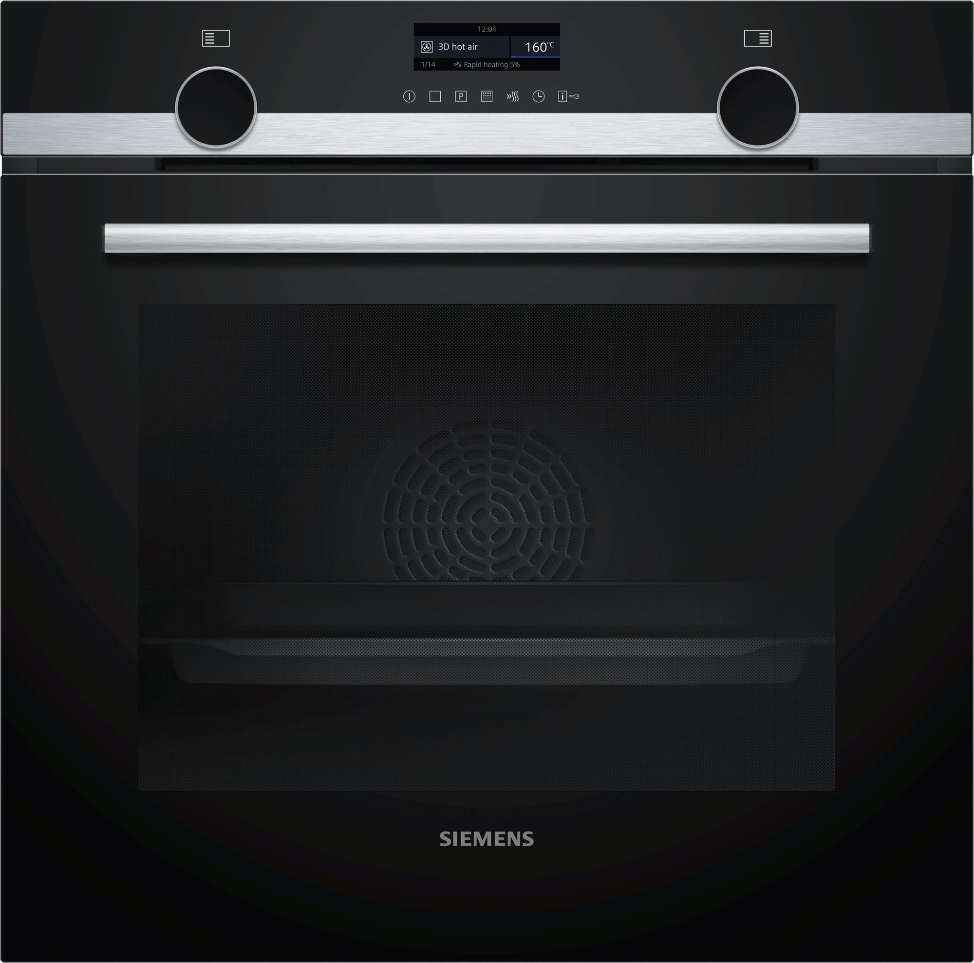 Schwarzer Einbaubackofen mit Digitalanzeige und Bedienknöpfen.