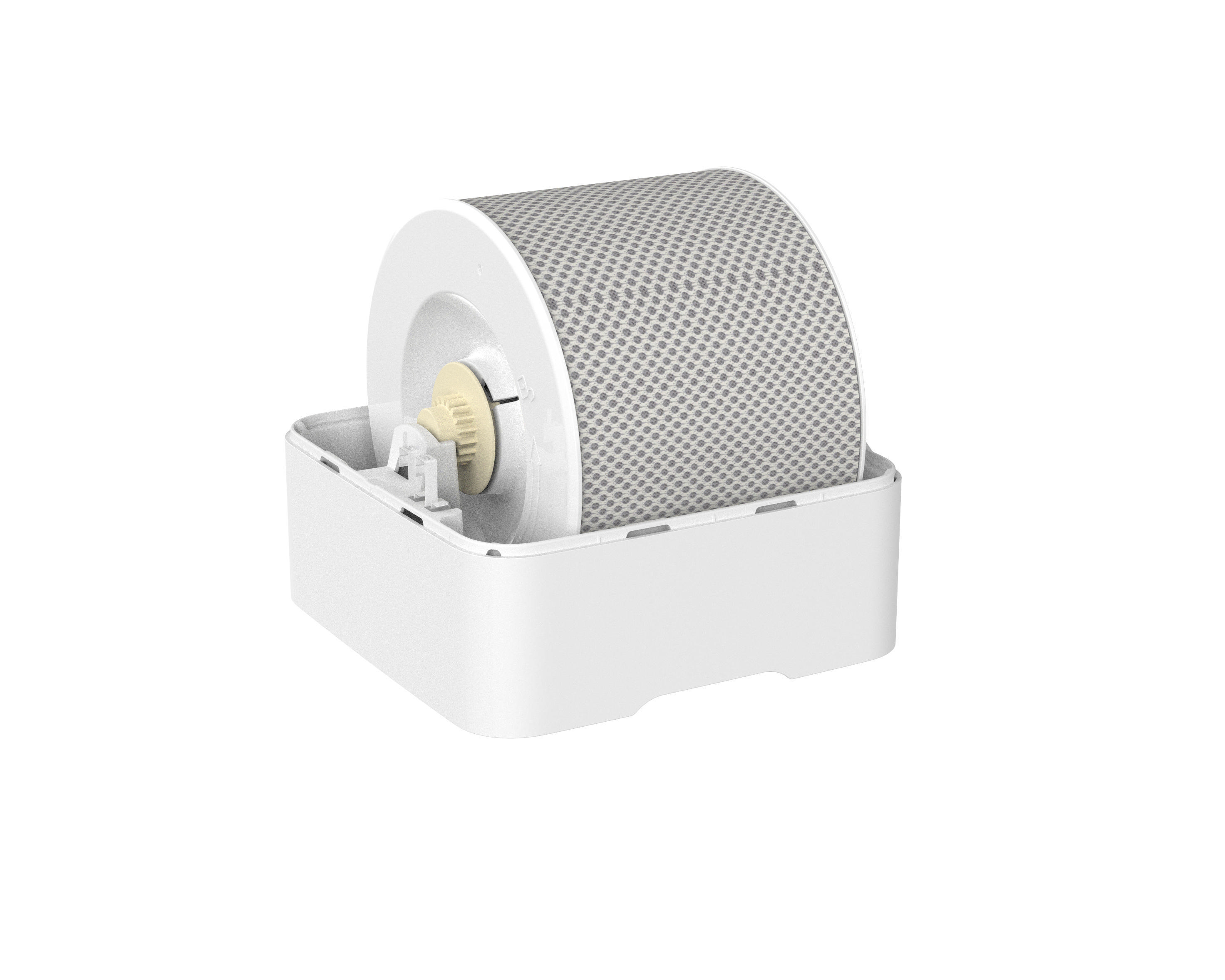 Weißer Luftbefeuchterfilter in seiner Basis. Der Filter ist zylindrisch mit einer Netzoberfläche.