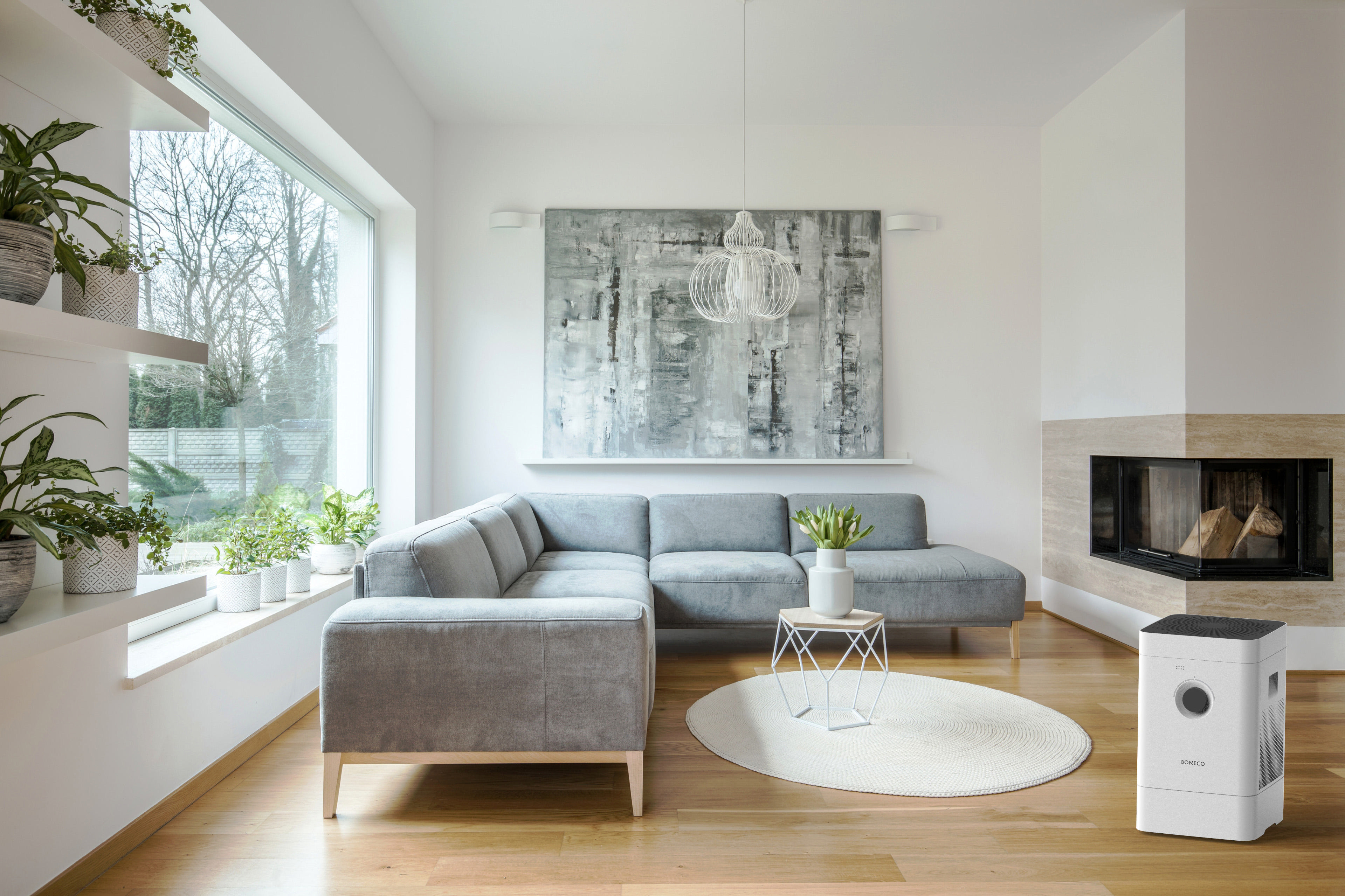 Ein Wohnzimmer mit grauem Sofa, Pflanzen und einem Luftreiniger.